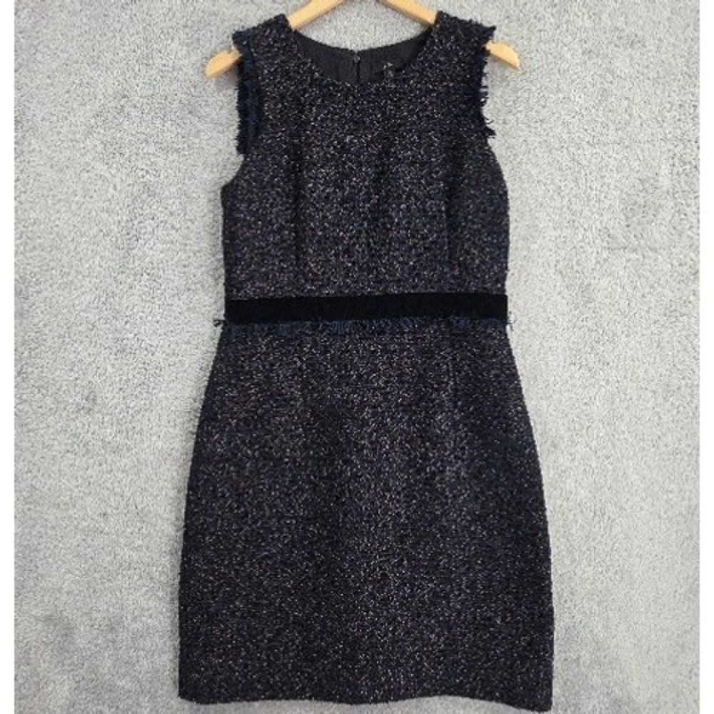 J.Crew Dress Women's 12 Navy Blue Sparkle Tweed Fringe Velvet Waist Sheath Knee
